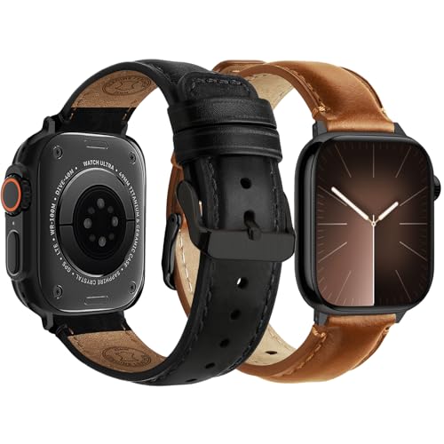 Fullmosa Leather Band Compatible with Apple Watch Bands 49mm 46mm 45mm 44mm 42mm,Top Grain Leather iWatch Straps for Apple Watch Ultra SE Series 11 10 9 8 7 6 5 4 3 2 1,Black+Black/Brown+Black - Image 1