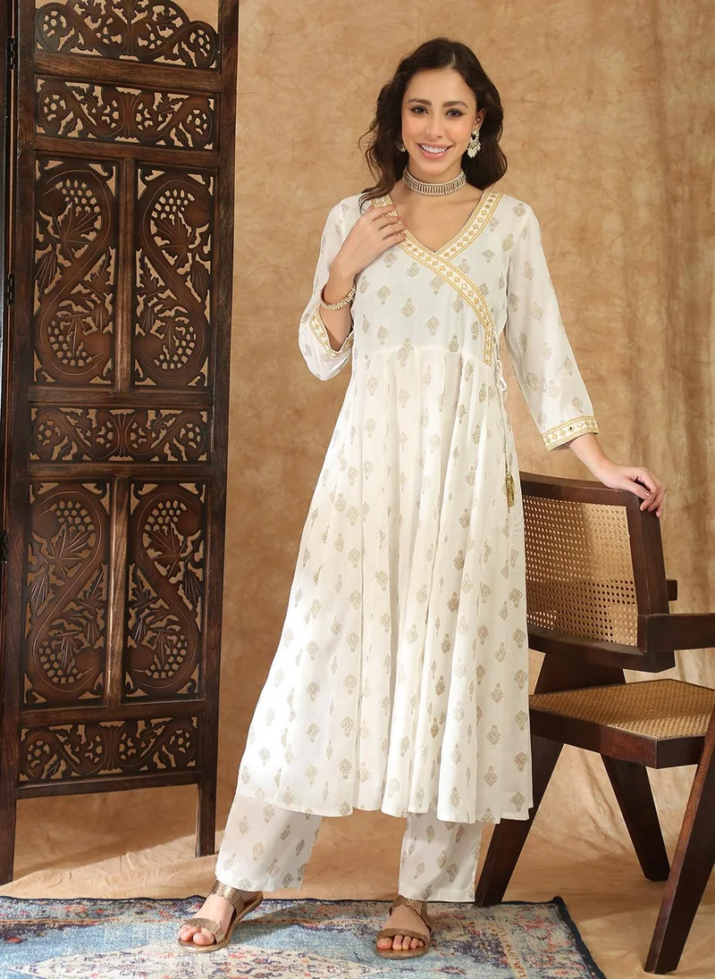 globus Globus Women Off White V-Neck Ethnic Gold Foil Print Zari Embroidered Mirror Work Detail Angrakha A-Line Kurta with Trouser Festive Set