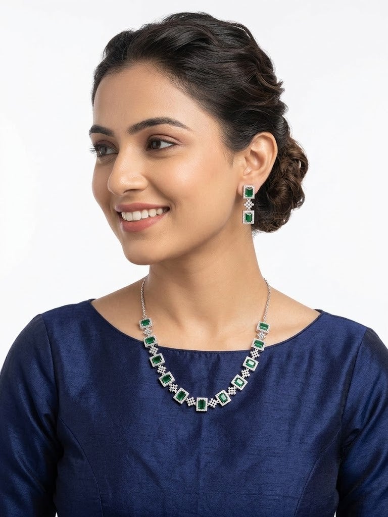 Viny Elegant American Diamond & Emerald Green Imitation Necklace Set for Women - Perfect for Parties, Weddings, & Festivals (Diwali, Eid) - Image 2