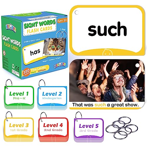 BenBen Sight Words Flash Cards 350 Dolch Fry High Frequency Site Words and Sentences for PreK Kindergarten 1st 2nd 3rd Grade Educational Learning Cards Homeschool Supplies for Ages 39 - Image 1
