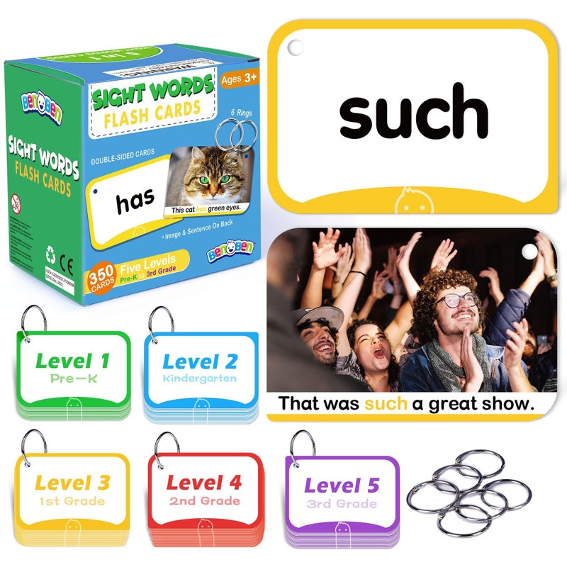 BenBen Sight Words Flash Cards 350 Dolch Fry High Frequency Site Words and Sentences for PreK Kindergarten 1st 2nd 3rd Grade Educational Learning Cards Homeschool Supplies for Ages 39 - Image 3