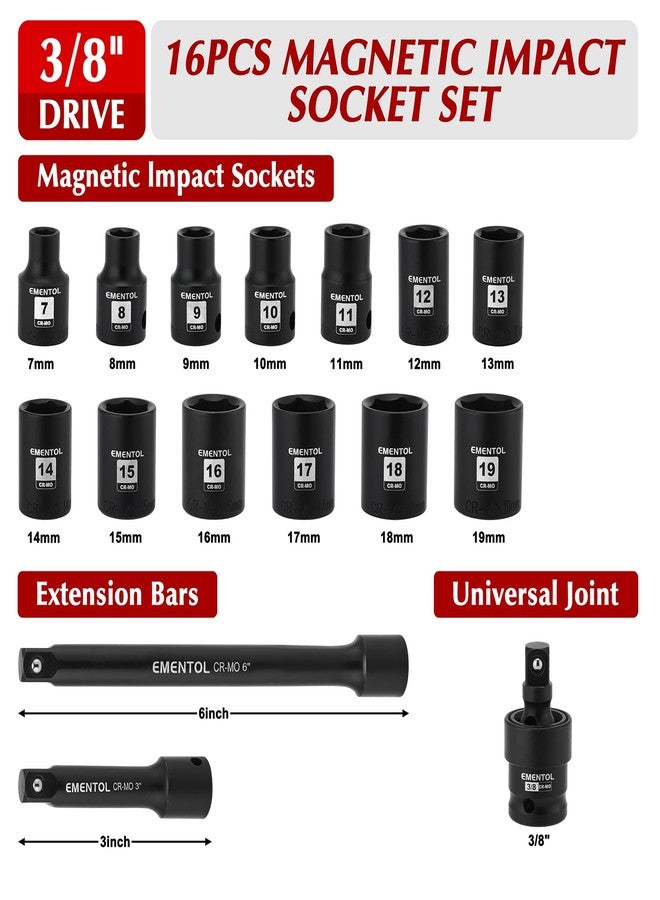 EMENTOL 3/8 Inch Drive Magnetic Impact Socket Set, 16-Piece Metric, 7-19mm, 6 Point, Cr-Mo,Magnetic Sockets with Universal Joint & Extension Bar - Image 2