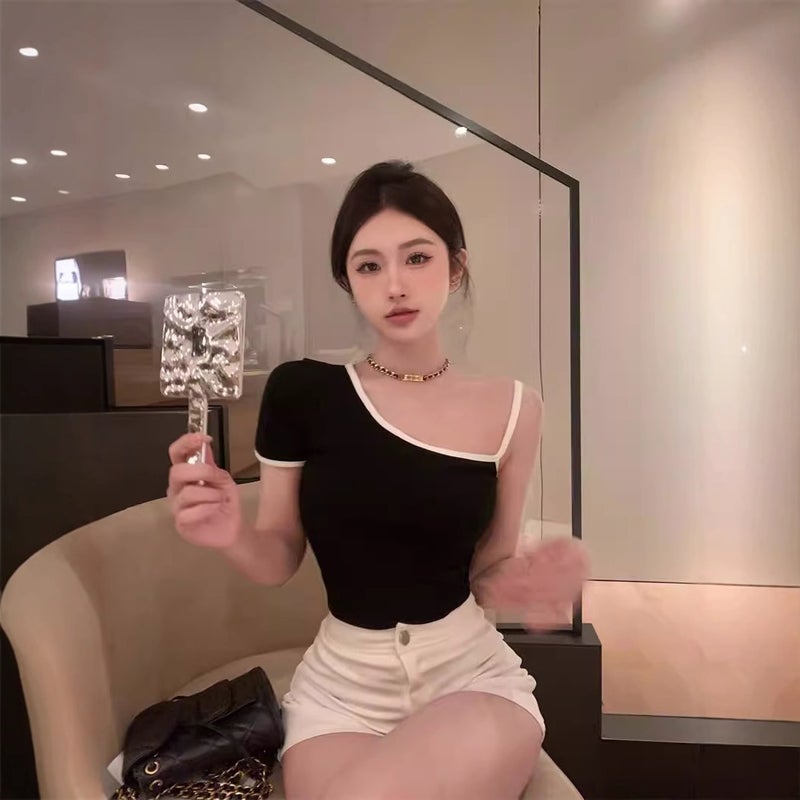 Black Hot Girl Strap Half Sleeve T-Shirt for Women 2025 Summer Design Sense Chic Slim Backless Short Top Black - Image 4