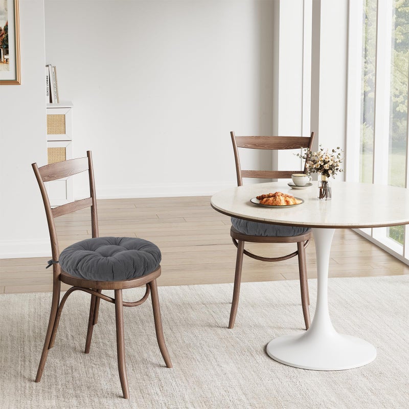 idee-home Round Chair Cushions Set of 2, Round Stool Seat Cushion 16 inch, Circle Chair Pads Corduroy with Ties Indoor Barstool Pads for Kitchen, Grey - Image 3