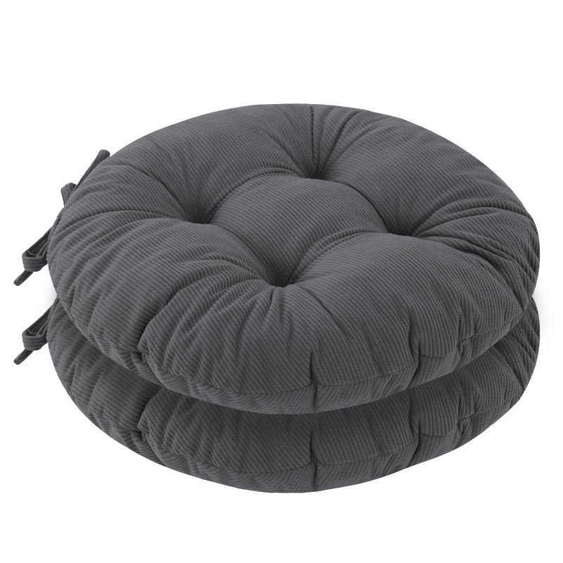 idee-home Round Chair Cushions Set of 2, Round Stool Seat Cushion 16 inch, Circle Chair Pads Corduroy with Ties Indoor Barstool Pads for Kitchen, Grey - Image 1