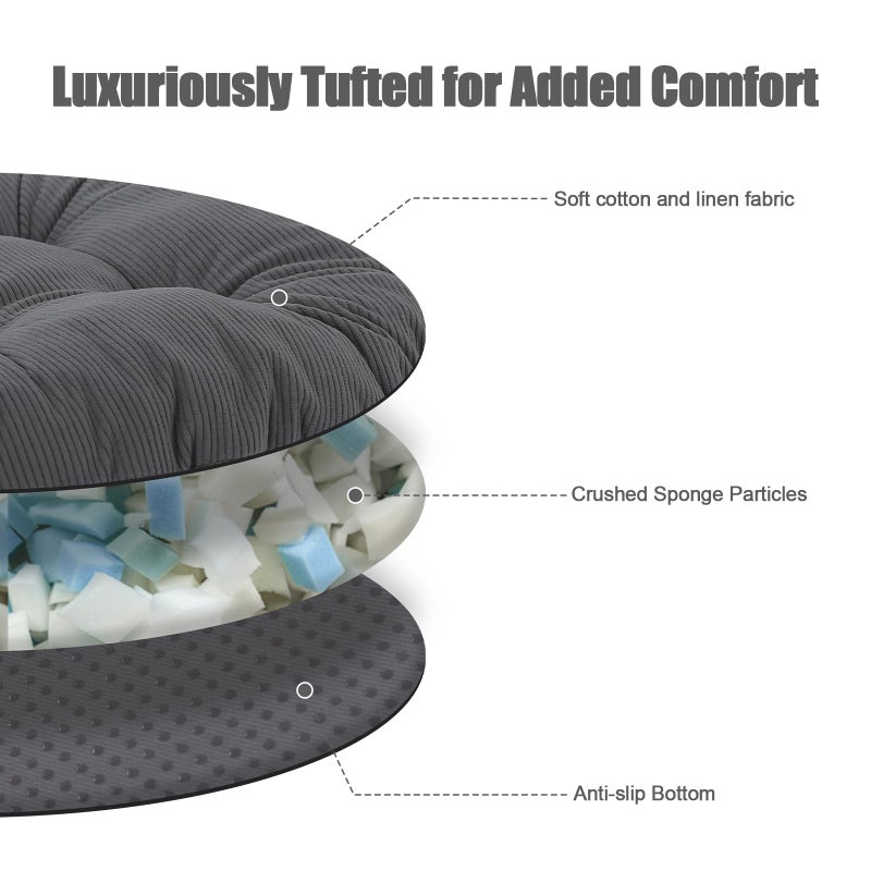 idee-home Round Chair Cushions Set of 2, Round Stool Seat Cushion 16 inch, Circle Chair Pads Corduroy with Ties Indoor Barstool Pads for Kitchen, Grey - Image 4