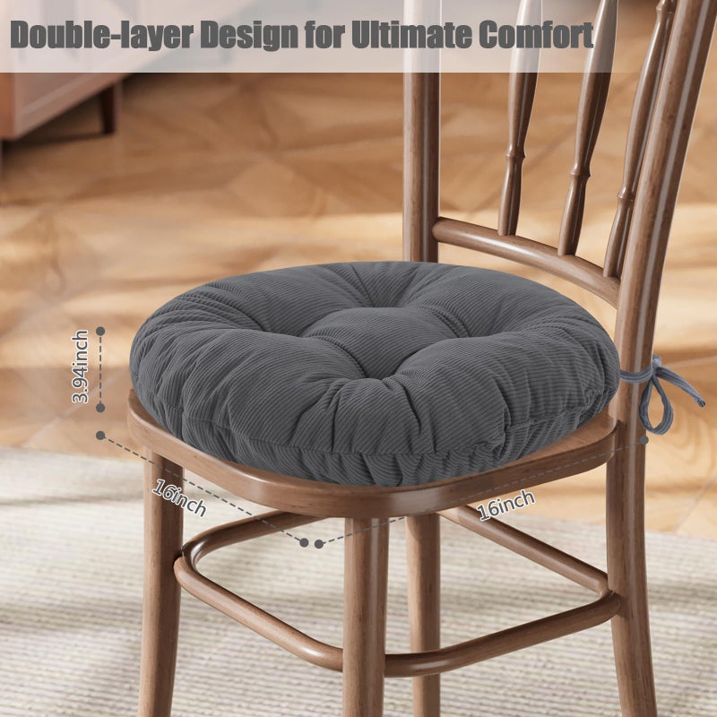 idee-home Round Chair Cushions Set of 2, Round Stool Seat Cushion 16 inch, Circle Chair Pads Corduroy with Ties Indoor Barstool Pads for Kitchen, Grey - Image 2