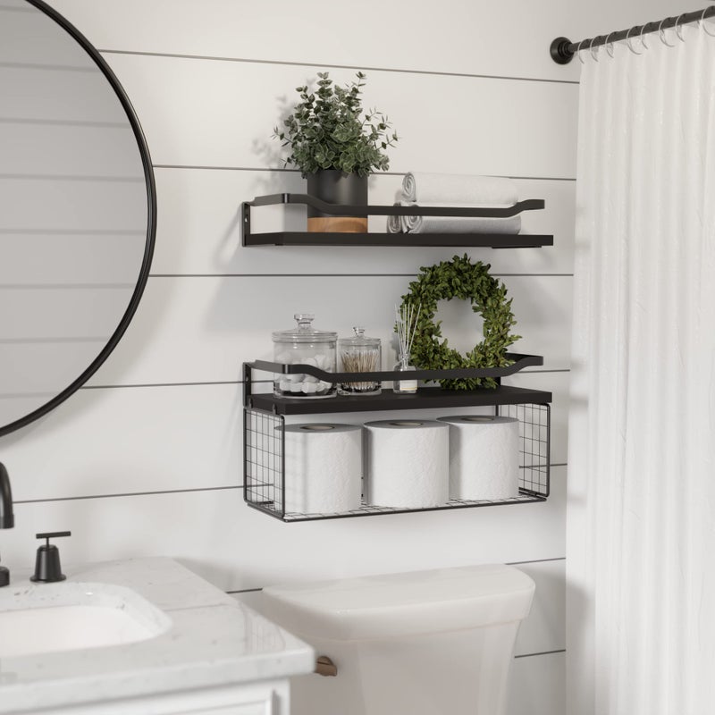 WOPITUES Floating Shelves with Wire Storage Basket, Bathroom Shelves Over Toilet with Protective Metal Guardrail, Wood Wall Shelves for Bathroom, Bedroom, Living Room, Toilet Paper-Black - Image 2