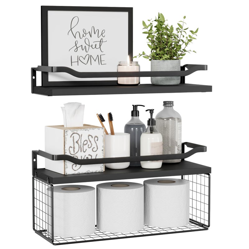 WOPITUES Floating Shelves with Wire Storage Basket, Bathroom Shelves Over Toilet with Protective Metal Guardrail, Wood Wall Shelves for Bathroom, Bedroom, Living Room, Toilet Paper-Black - Image 1