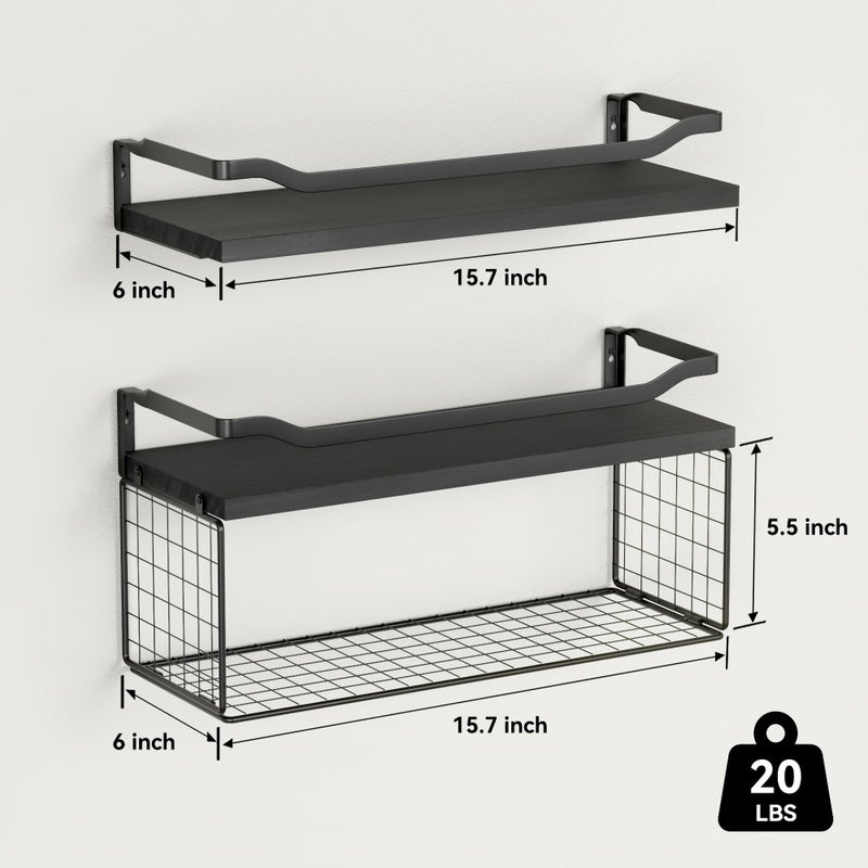 WOPITUES Floating Shelves with Wire Storage Basket, Bathroom Shelves Over Toilet with Protective Metal Guardrail, Wood Wall Shelves for Bathroom, Bedroom, Living Room, Toilet Paper-Black - Image 3