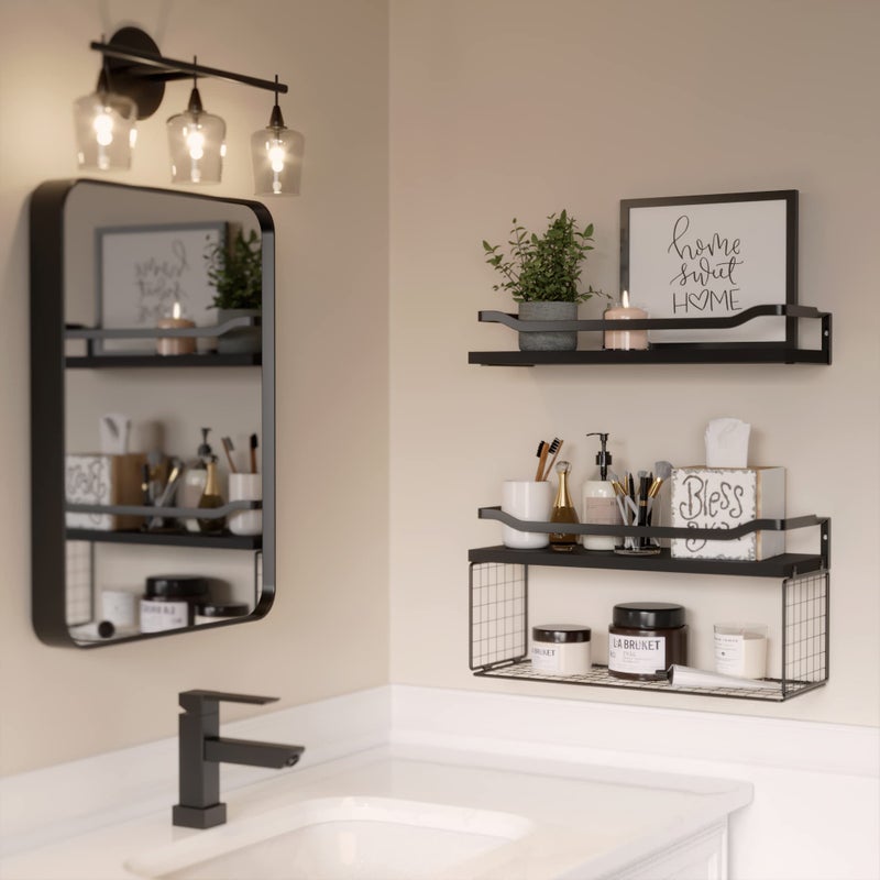 WOPITUES Floating Shelves with Wire Storage Basket, Bathroom Shelves Over Toilet with Protective Metal Guardrail, Wood Wall Shelves for Bathroom, Bedroom, Living Room, Toilet Paper-Black - Image 5