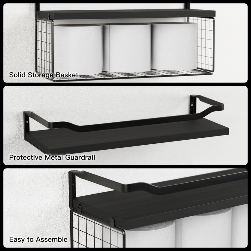 WOPITUES Floating Shelves with Wire Storage Basket, Bathroom Shelves Over Toilet with Protective Metal Guardrail, Wood Wall Shelves for Bathroom, Bedroom, Living Room, Toilet Paper-Black - Image 4