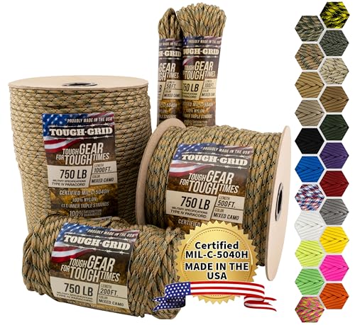 TOUGH-GRID 750 Paracord Rope Nylon Parachute Cord, Made in USA Survival Kit, Outdoor Adventures, Camping, Tactical Gear & Emergency Supplies, Military Type IV Mil-Spec - Image 1