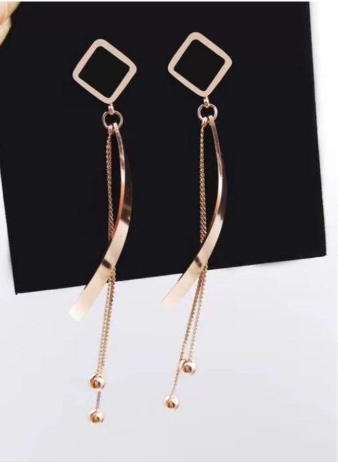 General - 18K Gold Plated Stainless Steel Square Fashion Tassel Long Earrings - Image 1