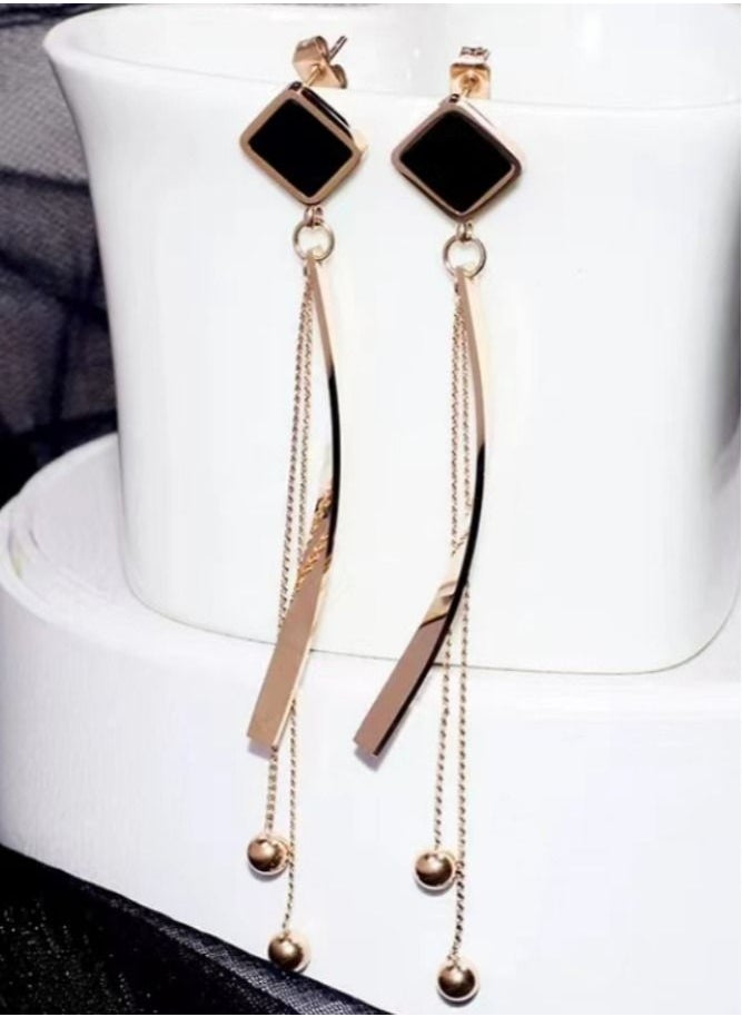 General - 18K Gold Plated Stainless Steel Square Fashion Tassel Long Earrings - Image 1