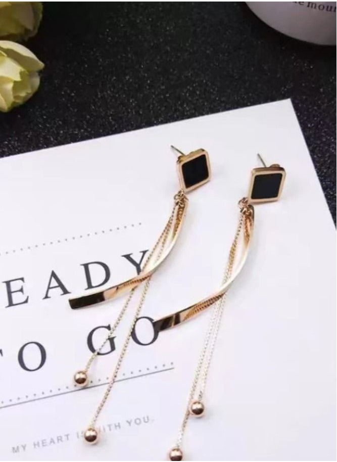 General - 18K Gold Plated Stainless Steel Square Fashion Tassel Long Earrings - Image 1
