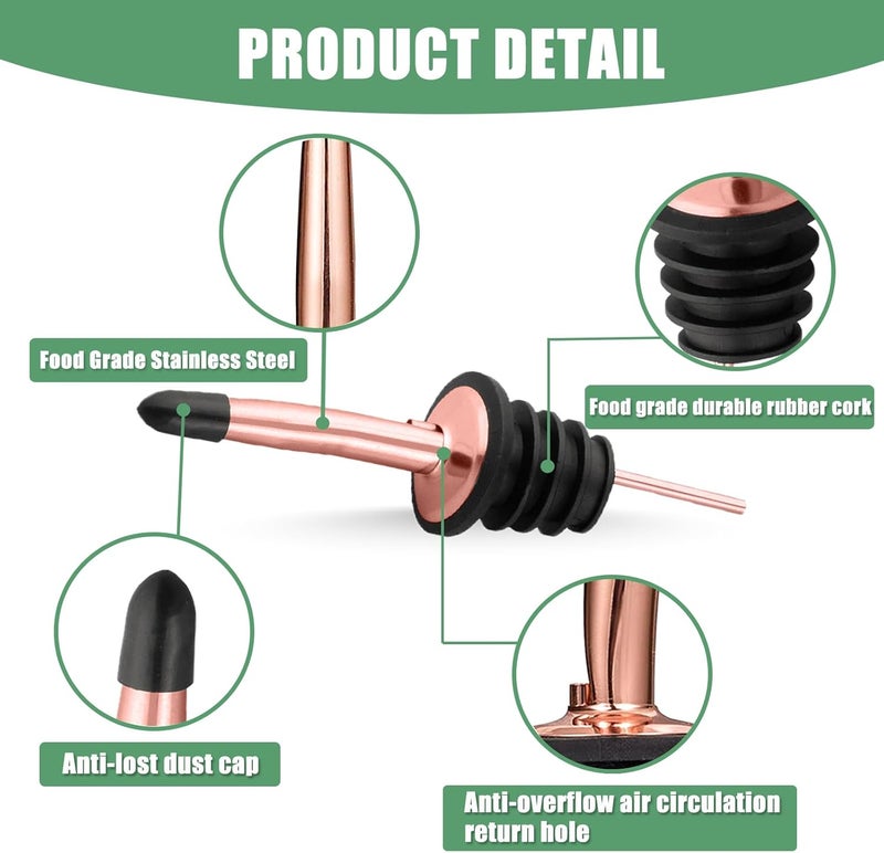 WAFJAMF 12 Pcs Liquor Pour Spouts Set, Stainless Steel Liquor Bottle Pourers with Rubber Dust Caps, for Pours Liquid, Olive Oil, Wine, Vinegar (Rose Gold-12 Pack) - Image 2