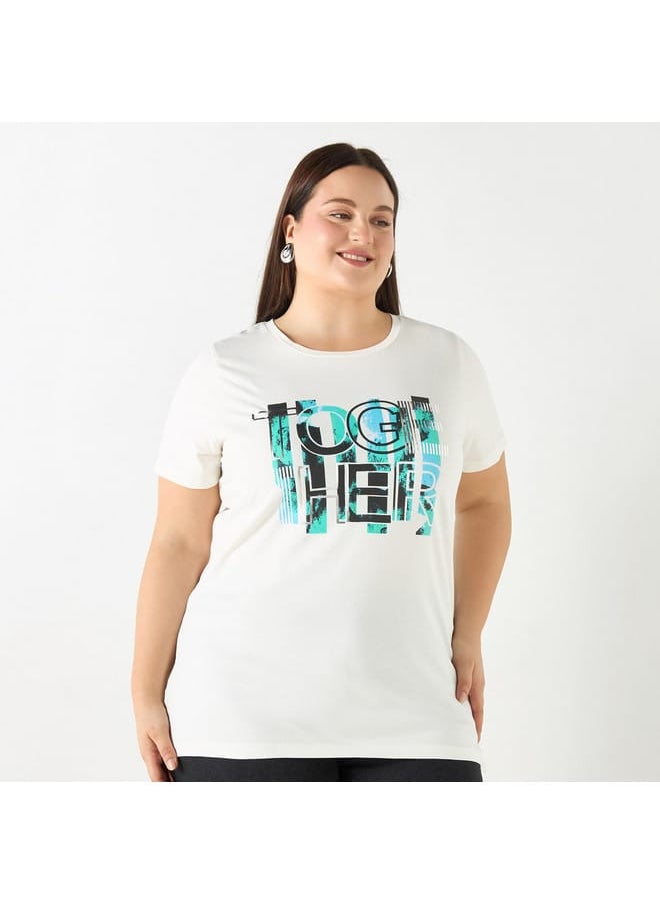 Ulla Popken Plus Size Ulla Popken Typographic Print T-shirt with Short Sleeves  - Image 1