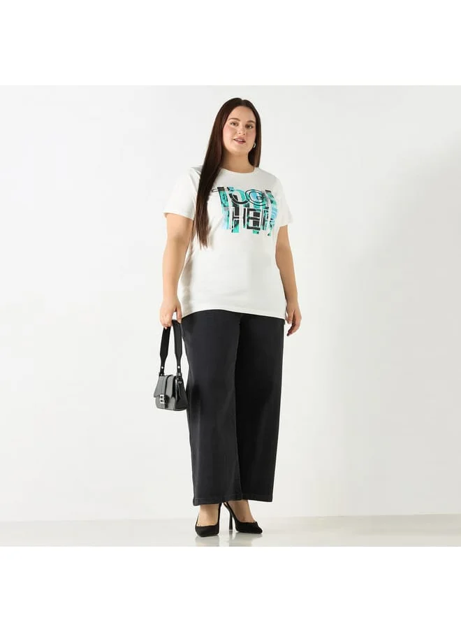 Ulla Popken Plus Size Ulla Popken Typographic Print T-shirt with Short Sleeves