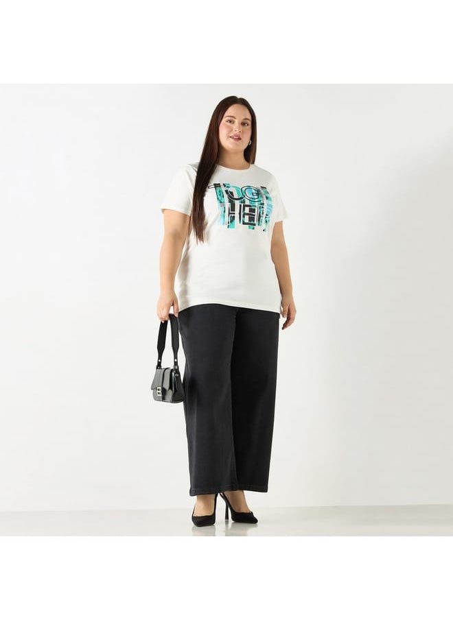 Ulla Popken Plus Size Ulla Popken Typographic Print T-shirt with Short Sleeves  - Image 2
