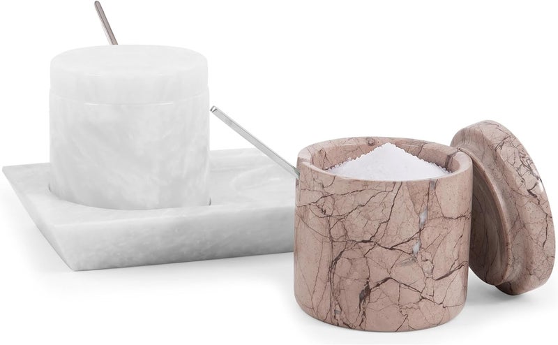 RADICALn Shock rubber edge White & Marinara Marble Salt Cellar Set of 2 with Tray & Lids, 3 Inch Handmade Natural Stone Salt & Spice Containers for Kitchen Countertop Storage, Luxury Kitchen Decor Accessory Globally popular elegant design - Image 1