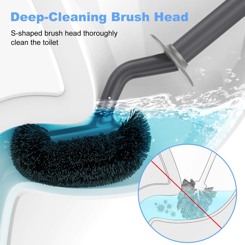 HAMITOR Toilet Bowl Brush Holder Set: Curved Design with Holder for Deep Cleaning Under Rim - Compact Hidden Scrubber for Small Space - Modern RV Bathroom Accessories - Gray - Image 2