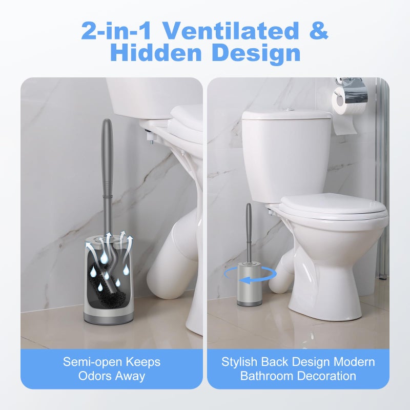 HAMITOR Toilet Bowl Brush Holder Set: Curved Design with Holder for Deep Cleaning Under Rim - Compact Hidden Scrubber for Small Space - Modern RV Bathroom Accessories - Gray - Image 5