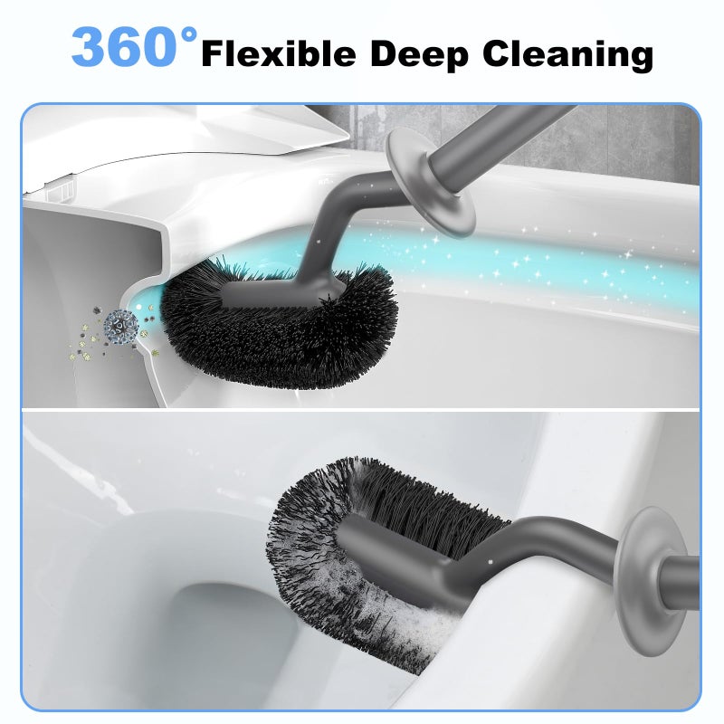 HAMITOR Toilet Bowl Brush Holder Set: Curved Design with Holder for Deep Cleaning Under Rim - Compact Hidden Scrubber for Small Space - Modern RV Bathroom Accessories - Gray - Image 4