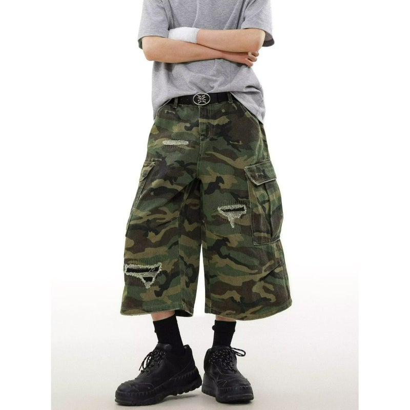 American Retro Camouflage Ripped Cargo Denim Shorts For Men And Women Street Loose Wide-Leg Cropped Pants - Image 2