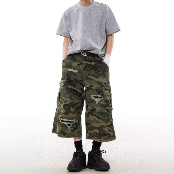 American Retro Camouflage Ripped Cargo Denim Shorts For Men And Women Street Loose Wide-Leg Cropped Pants - Image 3