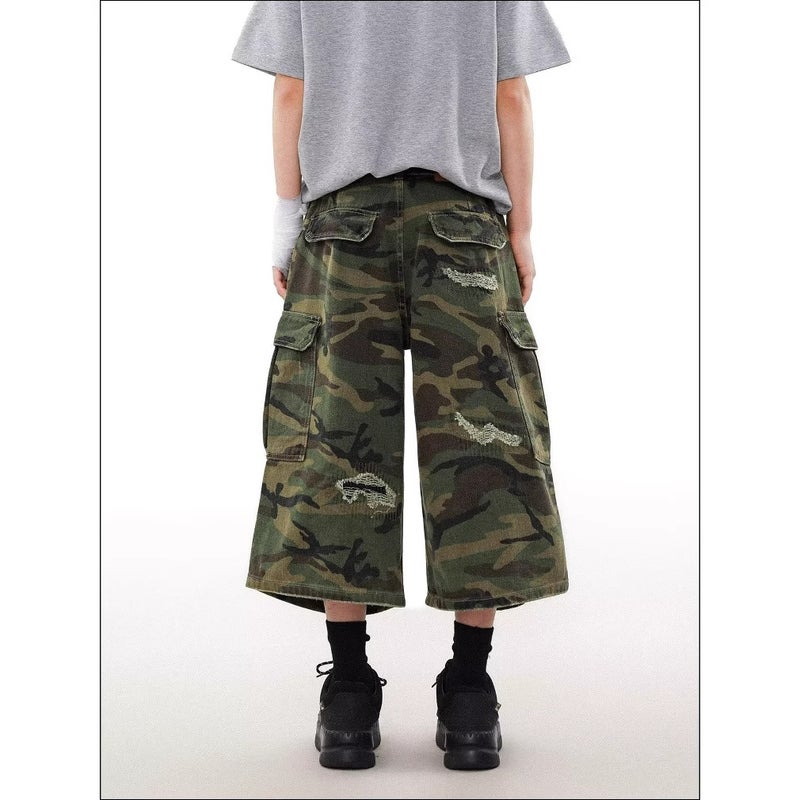 American Retro Camouflage Ripped Cargo Denim Shorts For Men And Women Street Loose Wide-Leg Cropped Pants - Image 5