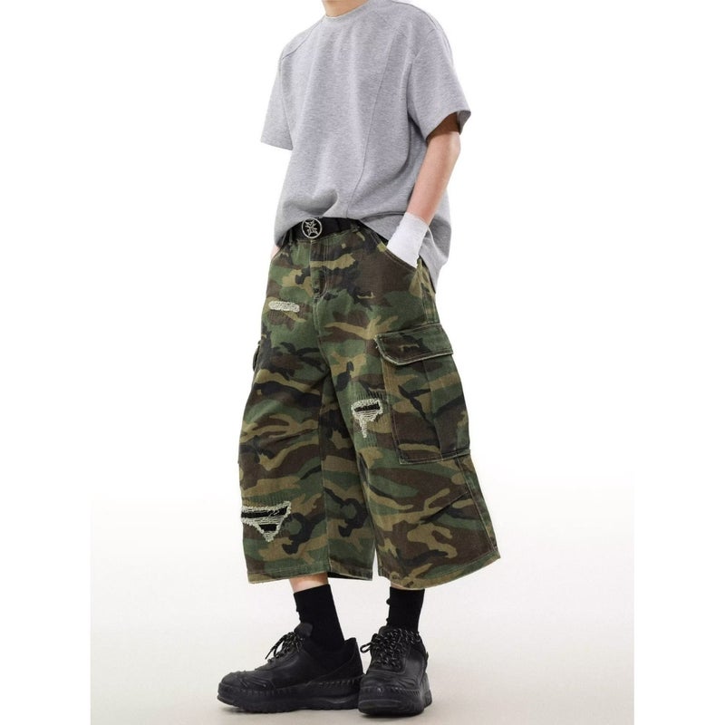 American Retro Camouflage Ripped Cargo Denim Shorts For Men And Women Street Loose Wide-Leg Cropped Pants - Image 4