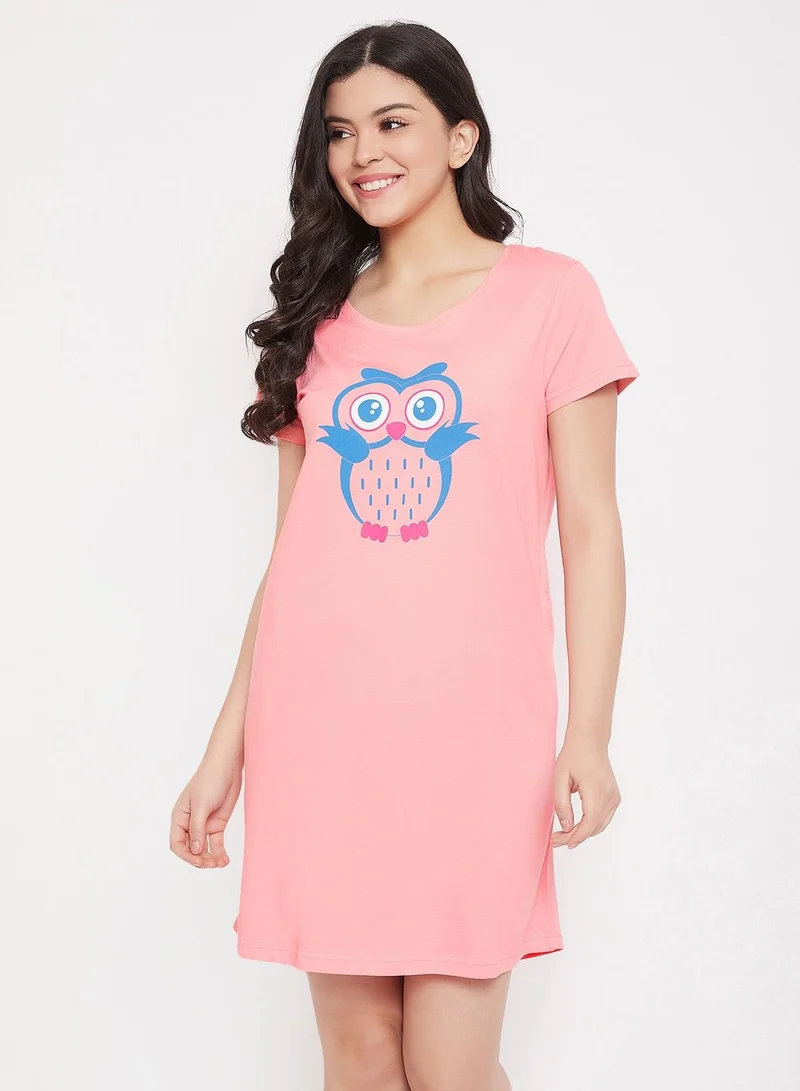 كلوفيا Clovia Owl Print Sleep Tee In Peach Pink - Cotton