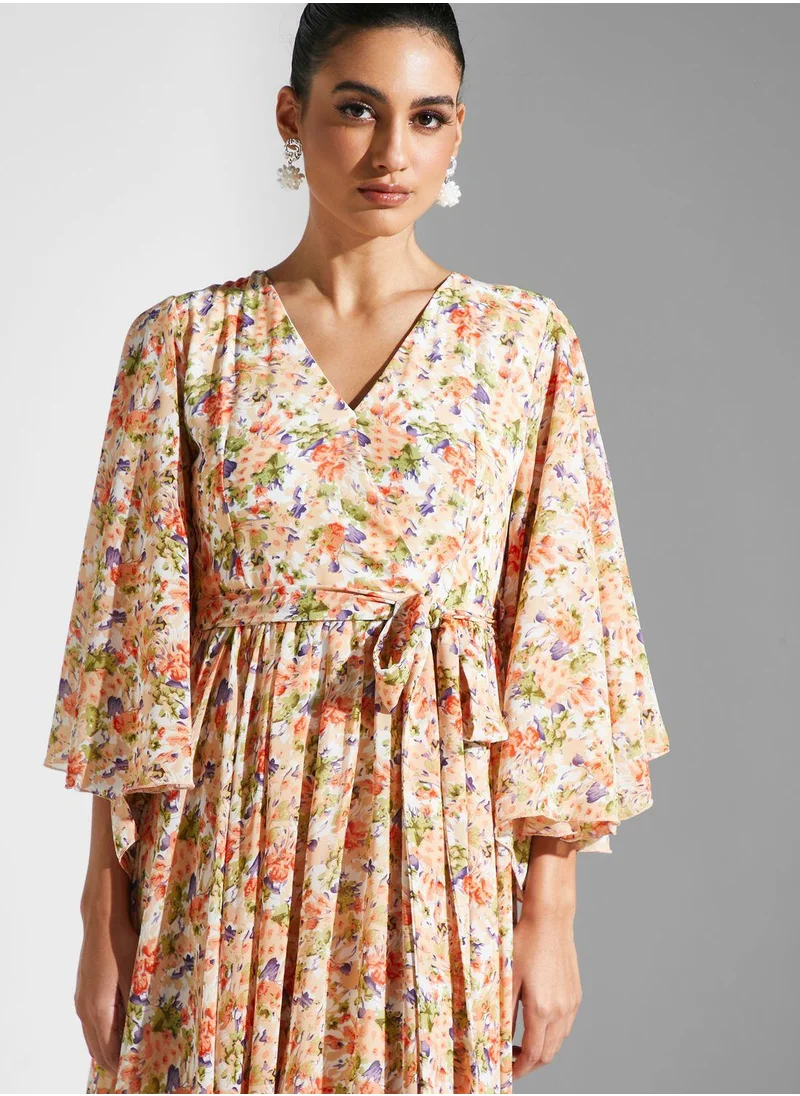 Golden Apple V Neck  Floral Printed Dress