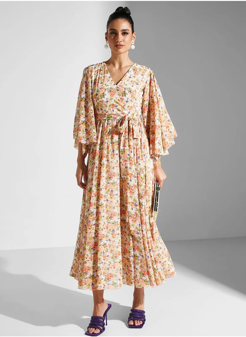 Golden Apple V Neck  Floral Printed Dress