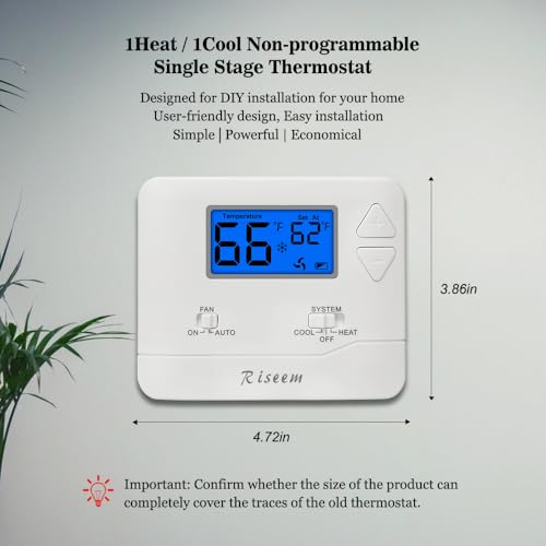 Riseem Non-Programmable Thermostat for Home Single-Stage Systems, 1 Heat/1 Cool, Easy DIY Install, Blue Backlight - Image 2