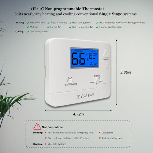 Riseem Non-Programmable Thermostat for Home Single-Stage Systems, 1 Heat/1 Cool, Easy DIY Install, Blue Backlight - Image 3