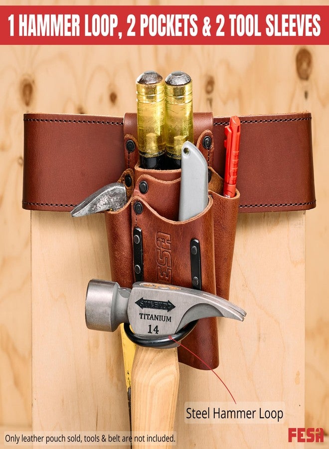 FESA Small Leather Tool Pouch - 5-in-1 Heavy Full Grain Leather Small Tool Pouch w/ 4 Pockets, Steel Hammer Loop & Reinforced Heavy Duty Rivets - Fits Men's Work Belts up to 3" - Handcrafted (Cherry) - Image 3