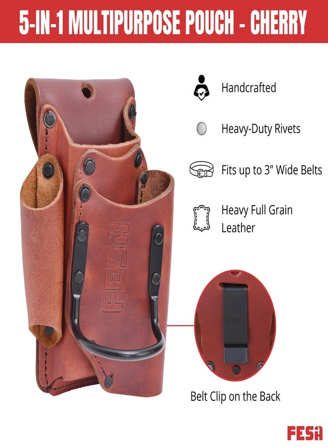 FESA Small Leather Tool Pouch - 5-in-1 Heavy Full Grain Leather Small Tool Pouch w/ 4 Pockets, Steel Hammer Loop & Reinforced Heavy Duty Rivets - Fits Men's Work Belts up to 3" - Handcrafted (Cherry) - Image 2
