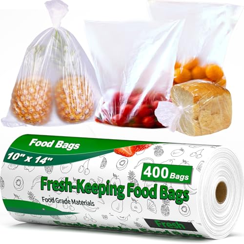 Tapsin 10" x 14" Produce Bags Roll, Fresh-Keeping Plastic Bag for Food, Fruit, Vegetable, Bread, Kitchen, freezer, Supermarket, 1 Roll 400 Plastic Produce Bags - Image 1