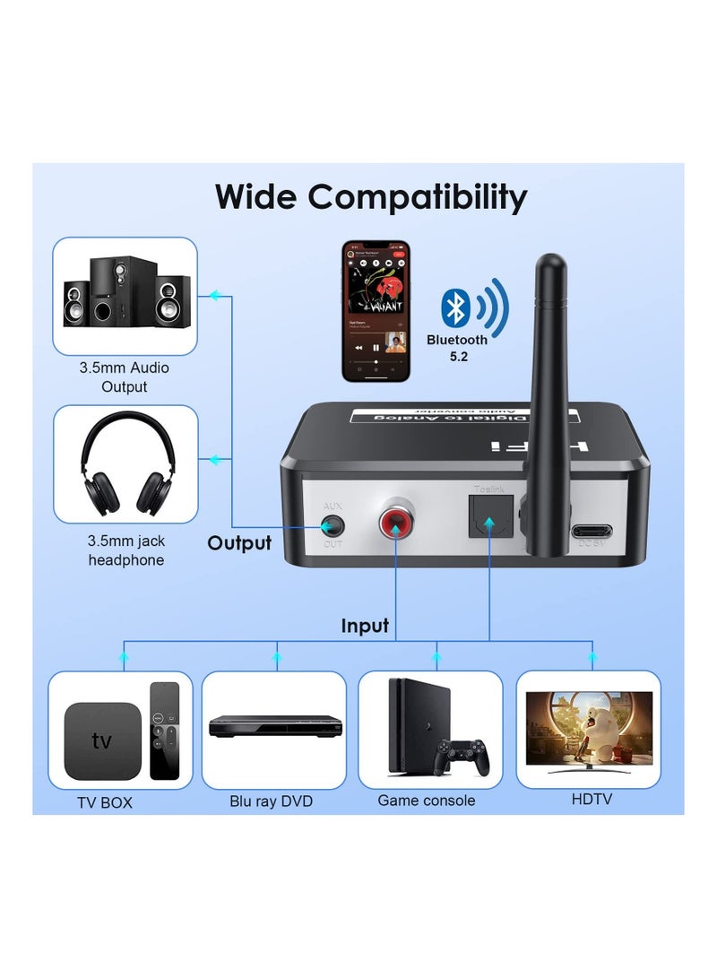 Captaintech Digital to Analog Audio Converter, 5.2 Bluetooth DAC with 3.5mm Output Coaxial Digital to Analog Bluetooth Receiver Audio Adapter with Digital to Analog Converter for TV, Game Console, CD Player, MP3 - Image 2
