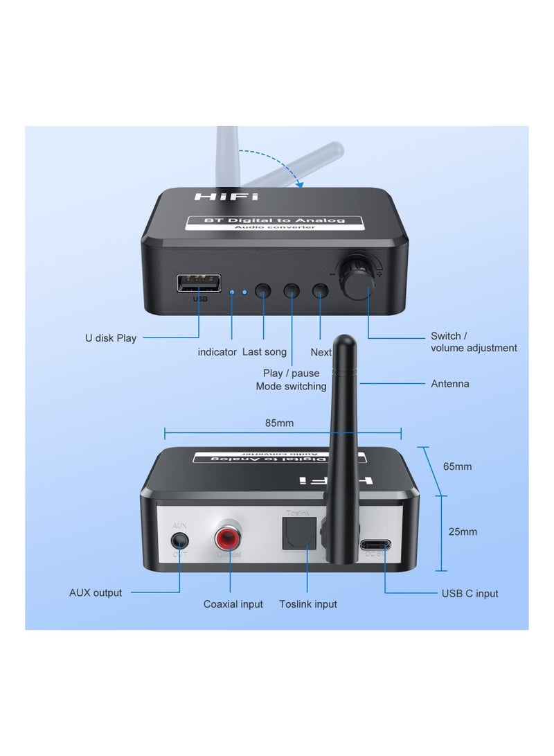 Captaintech Digital to Analog Audio Converter, 5.2 Bluetooth DAC with 3.5mm Output Coaxial Digital to Analog Bluetooth Receiver Audio Adapter with Digital to Analog Converter for TV, Game Console, CD Player, MP3 - Image 4