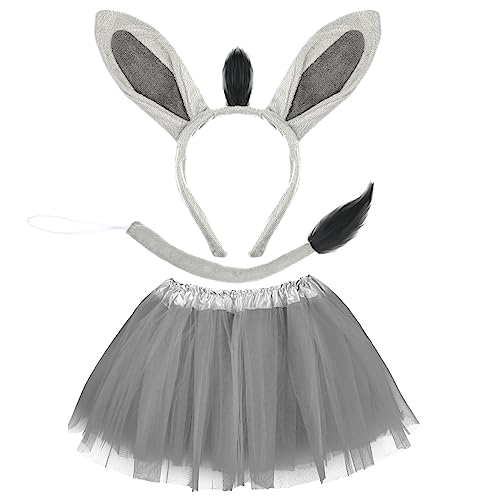 Newcotte 3 Pcs Halloween Costume Animal Tutu Ears Headband Tail Fancy Dress Costume Kit for Youth Adult Halloween Cosplay(Donkey,18-28 Years) - Image 1