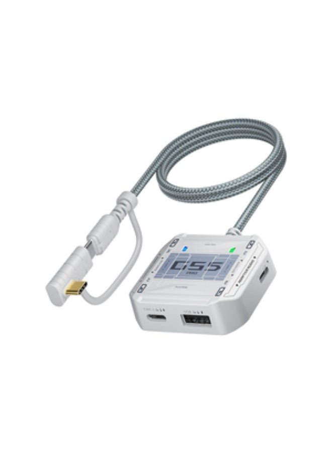 Plextone GS5 PRO Multi-Functional 5-in-1 Lightning Connector features a 3.5mm Headphone Jack, USB Port, Type-C Port, 60W Fast Charging, and Hi-Res Sound Quality. Ensures compatibility with a variety of devices such as iOS Pad, Galaxy S20, OnePlus 8 Pro, and more. Grey - Image 1