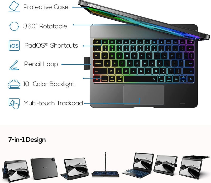 typecase Touch Keyboard for iPad Air 11 (M3/M2, 2025/2024), iPad Pro 11 (4th/3rd/2nd/1st Gen) & iPad Air 5th/4th Gen with Multi-Touch Trackpad, 10-Color Backlit, 360° Rotable,Pencil Holder (S Gray'25) - Image 2