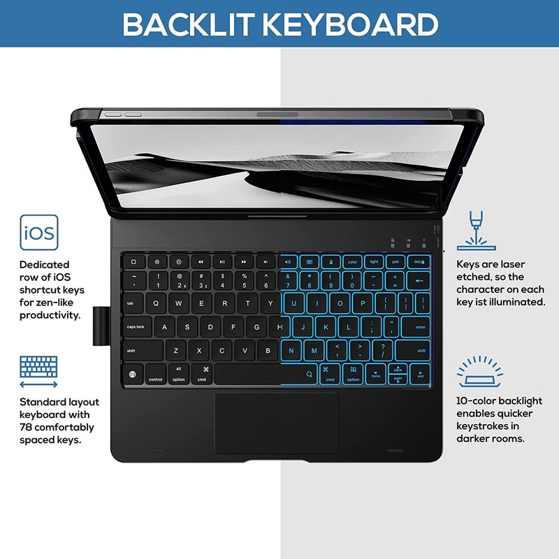 typecase Touch Keyboard for iPad Air 11 (M3/M2, 2025/2024), iPad Pro 11 (4th/3rd/2nd/1st Gen) & iPad Air 5th/4th Gen with Multi-Touch Trackpad, 10-Color Backlit, 360° Rotable,Pencil Holder (S Gray'25) - Image 4