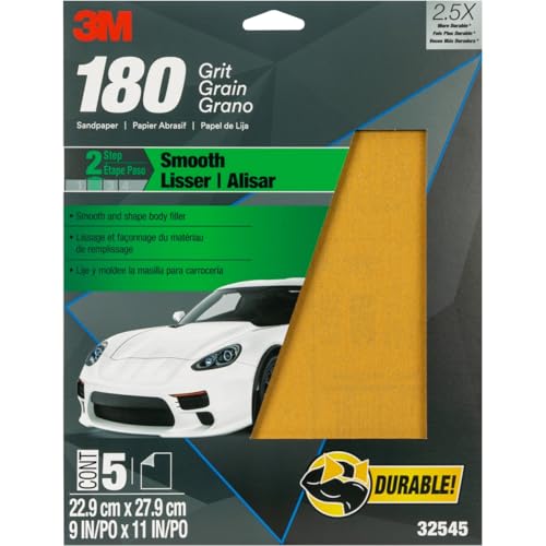 3M Sandpaper, 180 Grit, 5 Sheets, 9 in x 11 in, Longer Lasting Super Strong Abrasive, Great For Smoothing Body Filler, Shaping Glaze & Spot Putty, For Hand Or Machine Sanding (32545) - Image 1