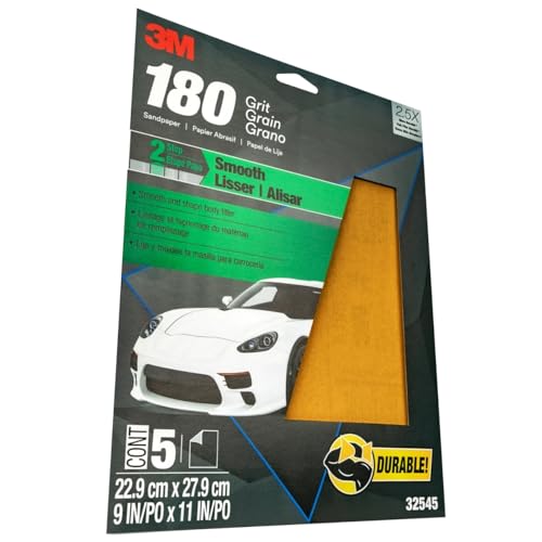 3M Sandpaper, 180 Grit, 5 Sheets, 9 in x 11 in, Longer Lasting Super Strong Abrasive, Great For Smoothing Body Filler, Shaping Glaze & Spot Putty, For Hand Or Machine Sanding (32545) - Image 2