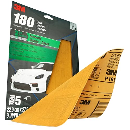 3M Sandpaper, 180 Grit, 5 Sheets, 9 in x 11 in, Longer Lasting Super Strong Abrasive, Great For Smoothing Body Filler, Shaping Glaze & Spot Putty, For Hand Or Machine Sanding (32545) - Image 3