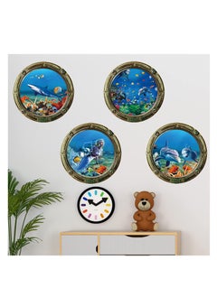 SYOSI Ocean World Wall Stickers with Plastic Spatula, Removable Porthole School of Fish Wall Decor, 3D Sealife Art Decals for Kids Nursery Bedrooms Living Rooms Decoration, PVC material (4Pcs)  - Image 1